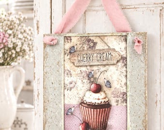 Patisserie Cupcake Sign, Shabby Chic Picture, Decoupaged Pink Canvas Wall Art Sign
