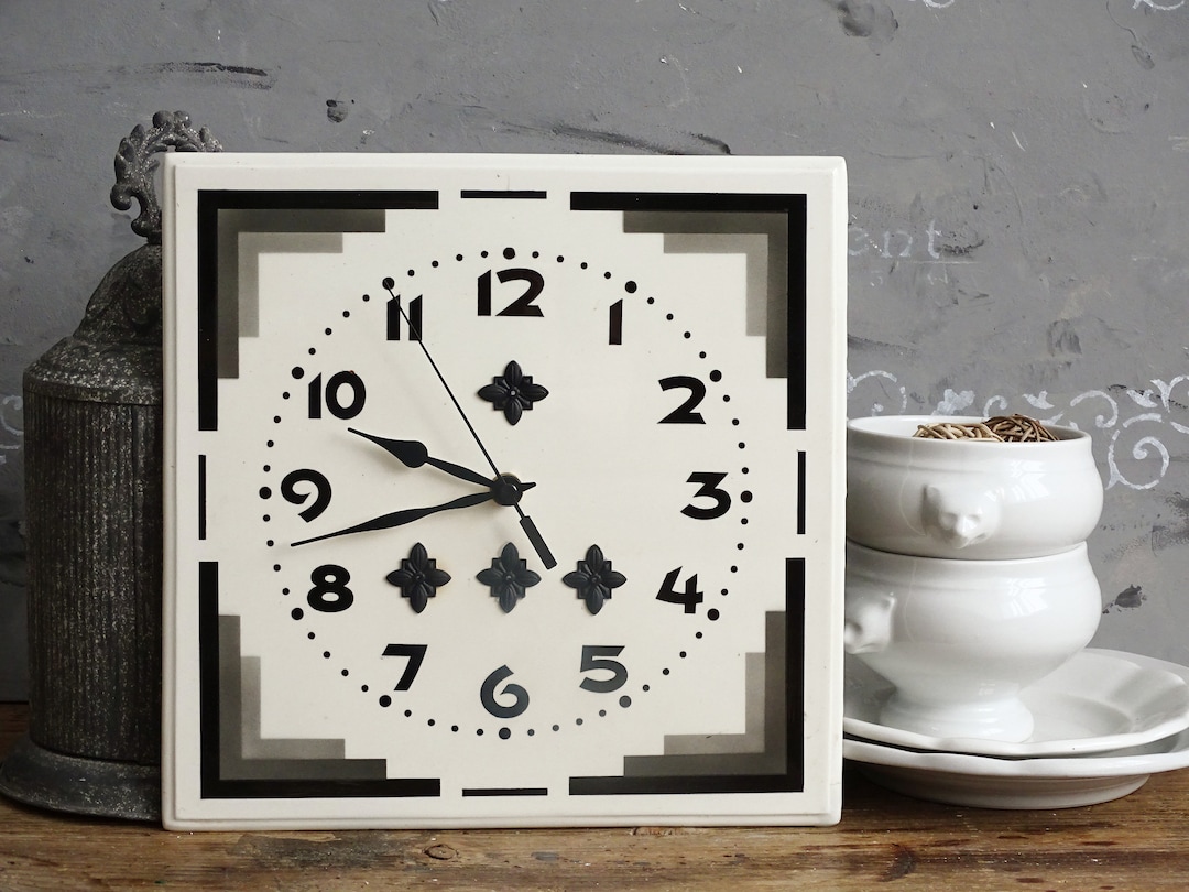 White Art Deco Ceramic Wall Clock Black Gray Stripes, Large Square