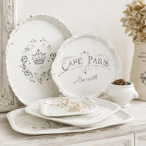 Shabby Chic White Metal Serving Tray: Distressed Stenciled Vanity Tray