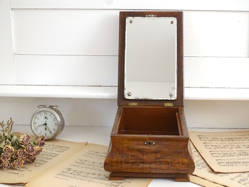 XL Antique Shaving Mirrored Box Art Deco Box w/ Drawer Walnut Etsy