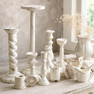 White Wood Carved Candlestick Holder: Distressed Shabby Chic Candle Holder