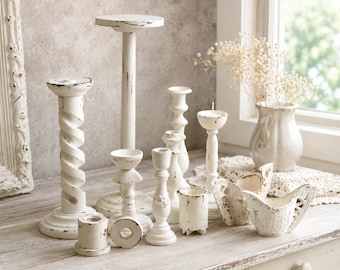 White Wood Carved Candlestick Holder: Distressed Shabby Chic Candle Holder