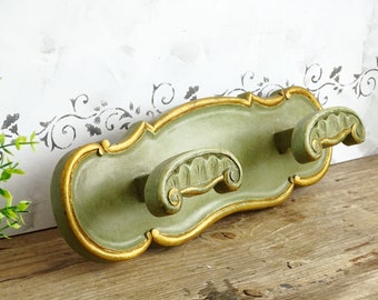 Florentine Wood Wall Coat Rack, Green Gilt Wall Hook, Rack Wood Pegs, Coat Hanger, Shabby Chic Brocante Coat Hanger, Bathroom Towel Rack