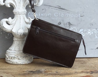 Italian Leather Men Wristlet Dark Brown, Genuine Leather Wrist Bag Clutch Purse, Retro Men Handbag Wallet Satchel, Wrist Pouch, Gift for Him