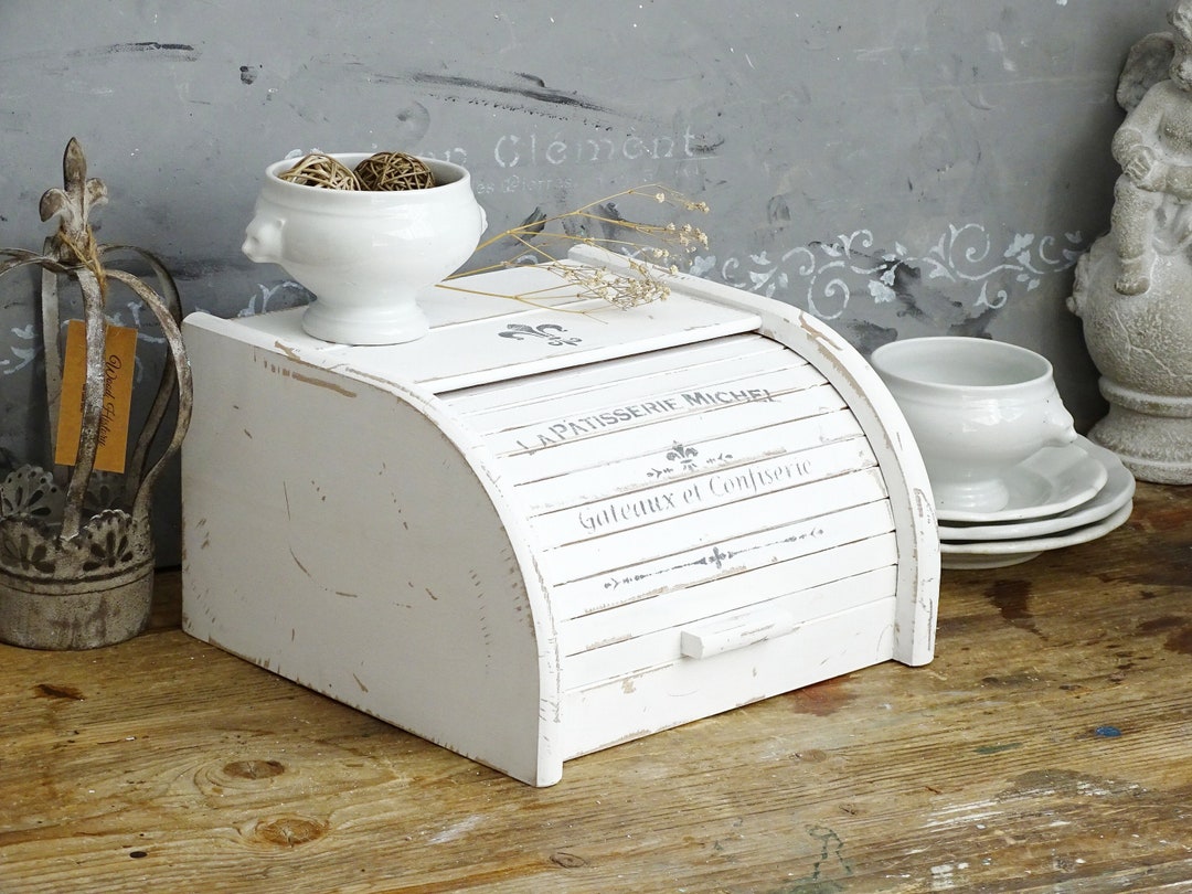 White Wood Bread Box Roll Top, Farmhouse Bread Bin, Bread Container