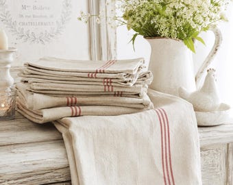 Antique French Linen Tea Towel: Red Stripe Homespun Kitchen Torchon