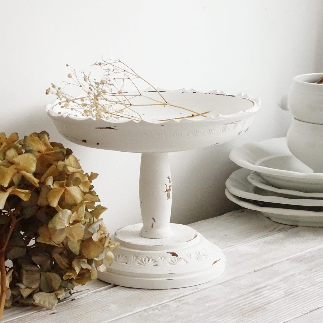 White Wood Cake Stand: Carved Scalloped Pedestal Bowl, 70s Vintage