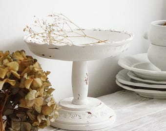 White Wood Cake Stand: Carved Scalloped Pedestal Bowl, 70s Vintage