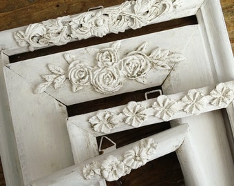 White Wood Open Picture Frame with Clay Flowers: Ornate Floral Gallery Wall Photo Frame