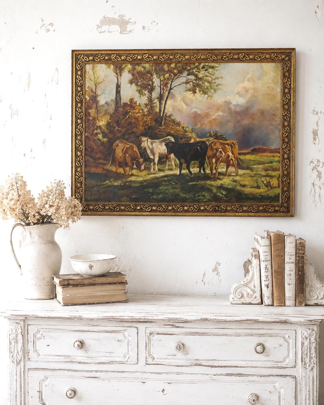 Antique Cows Oil Painting, Ornate Gold Frame, Countryside Landscape Art
