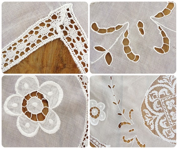 Ancienne nappe carrée broderie Richelieu fait main - Linge de maison