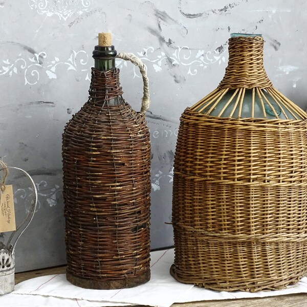 Large European Wicker Demijohn Vintage Woven Basket Wrapp Wine Bottle Carrier Hand Blown Green Glass Bottle Carboy Dame Jeanne Cork Stopper