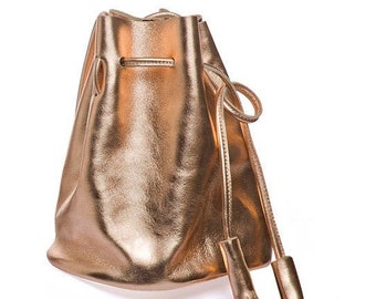 Rose gold leather bucket bag,  small copper leather bucket bag with tassels, rose gold bucket bag, drawstring leather bucket bag