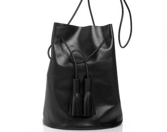 Black bucket bag with tassels, leather bucket bag, cowhide leather bucket