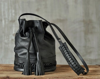 Black bucket bag,leather bucket bag,croco bag,shoulder bag, leather bag,boho leather bag,leather bucket bag with tassels