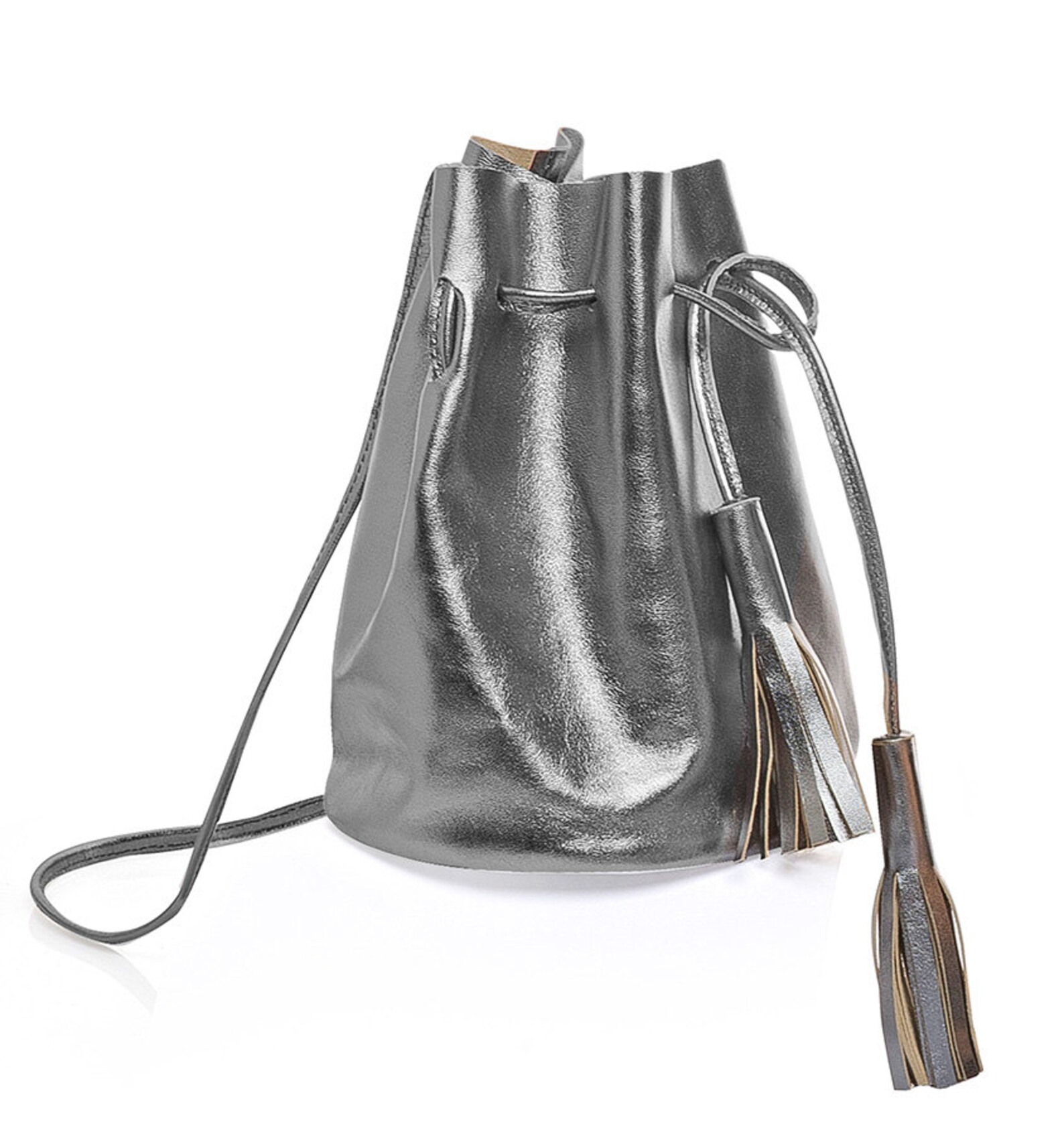 Pewter Metallic Leather Bucket Bag Silver Leather Bucket Bag Etsy