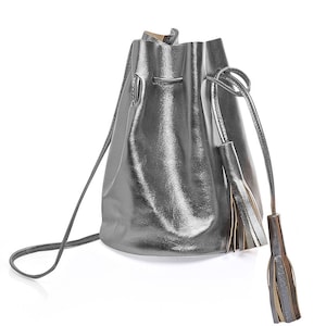 Silver metallic leather bucket bag, silver  leather bucket bag with tassels, bucket bag, drawstring leather bucket bag