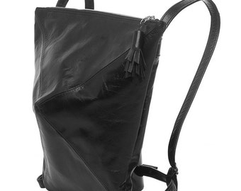 Black leather backpack, triangle backpack