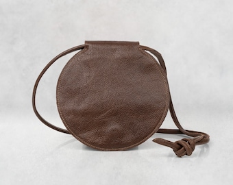 brown crossbody bag,brown purse, crossbody purse bag,  round leather bag, round purse bag