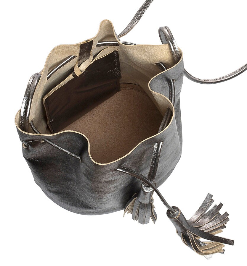 Pewter Metallic Leather Bucket Bag Silver Leather Bucket Bag Etsy