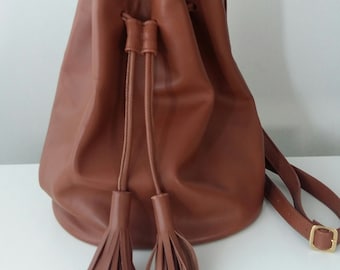 Camel bucket bag with tassels, cognac brown leather bucket bag, cowhide leather bucket