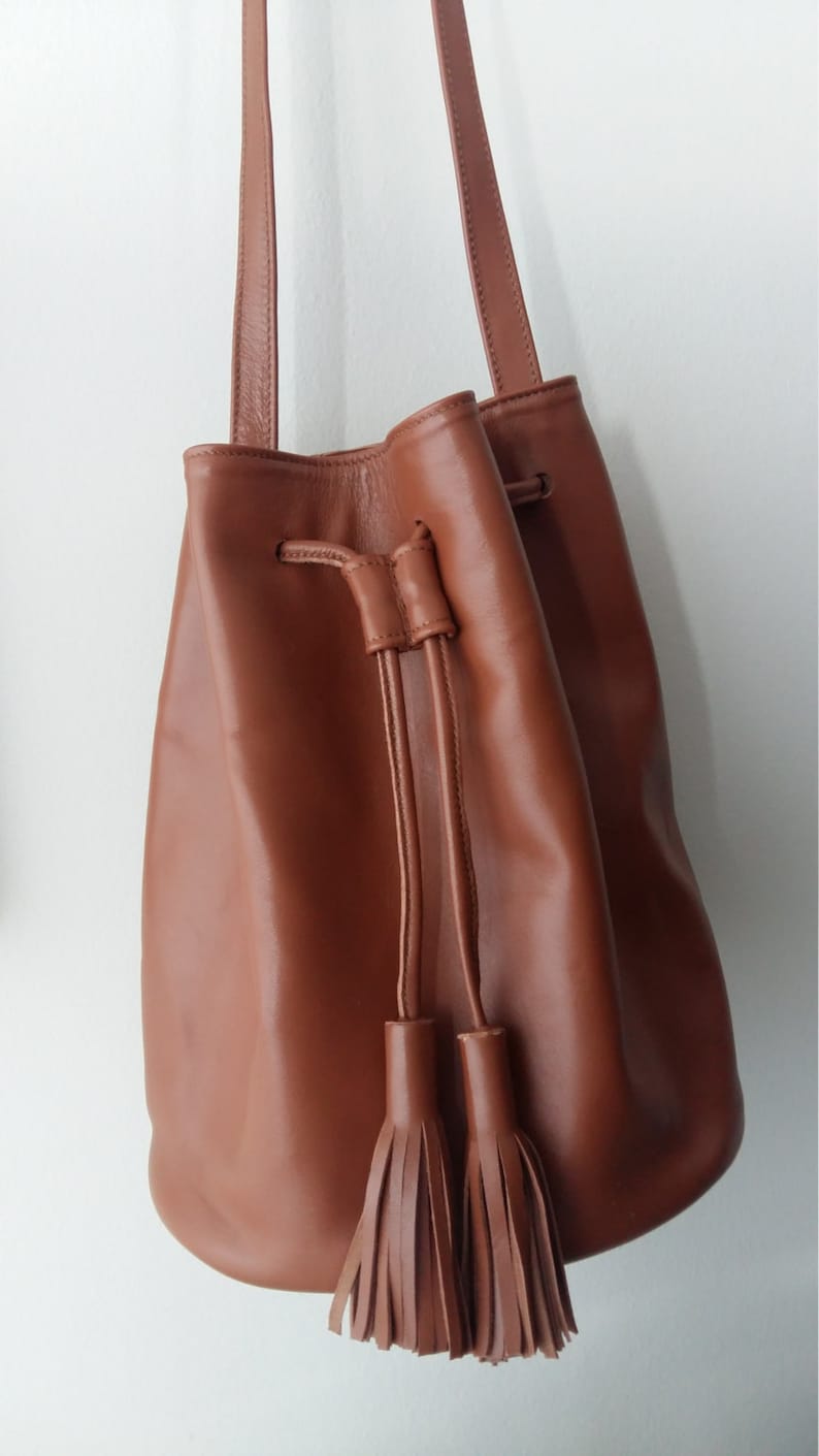 Camel Bucket Bag With Tassels, Cognac Brown Leather Bucket Bag, Cowhide