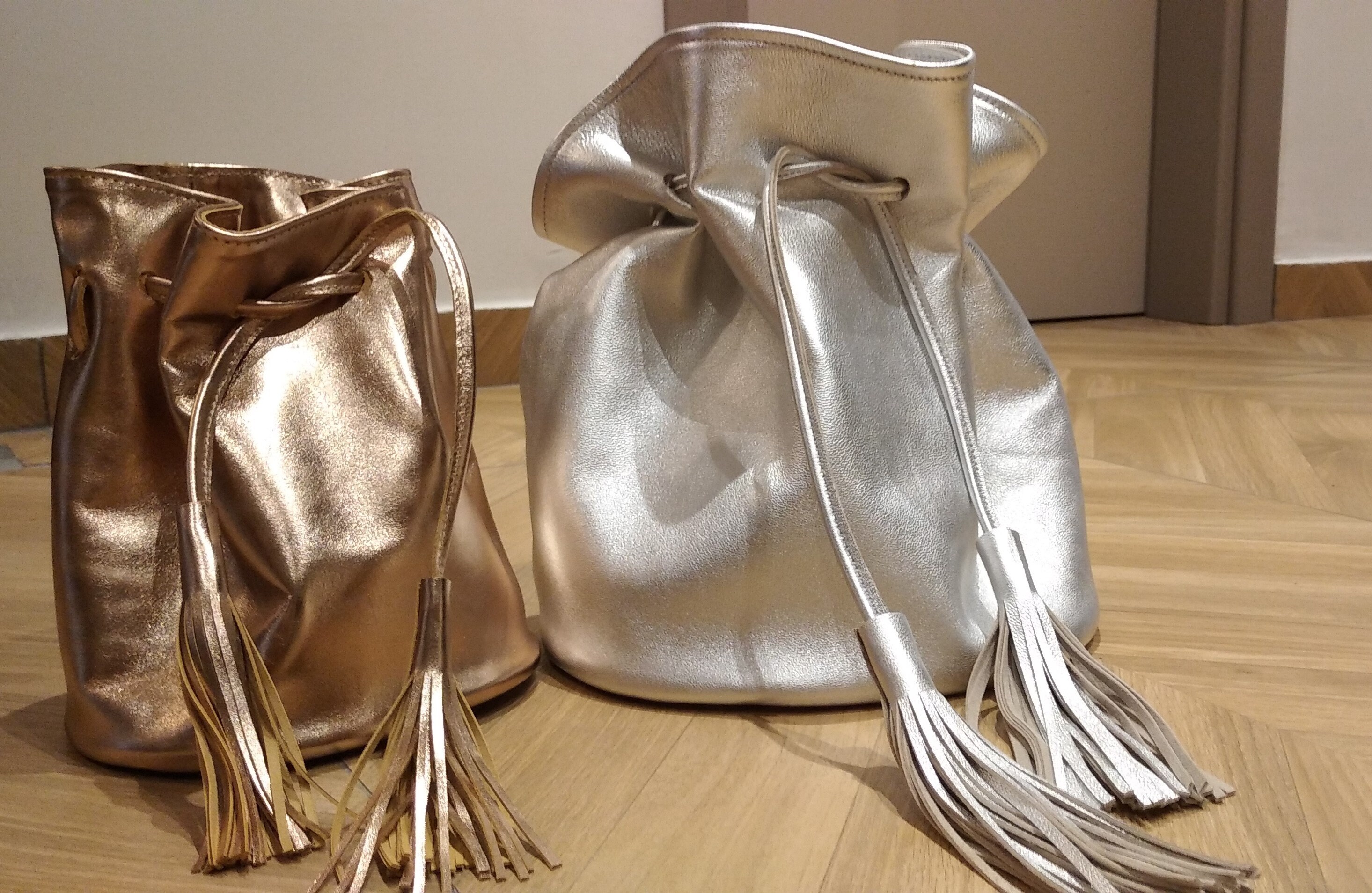 Silver Metallic Leather Bucket Bag, Silver Leather Bucket Bag With