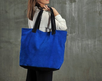 Blue leather tote bag, large leather shoulder bag, suede shopping bag, suede tote bag, cobalt blue shoulder bag ,cobalt blue leather tote,