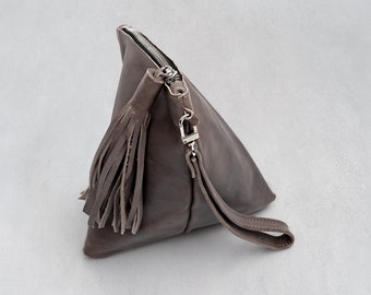 Triangle Leather Clutch, grey pyramid clutch, leather pouch, triangle zipper poutch, birthday gift, geometric purse