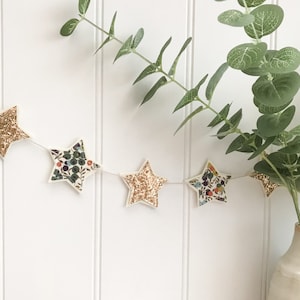 Liberty and gold glitter star garland, Mantle decoration, Liberty Wiltshire