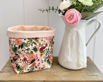 Pink floral fabric basket, Rifle Paper co basket, Hobby storage basket