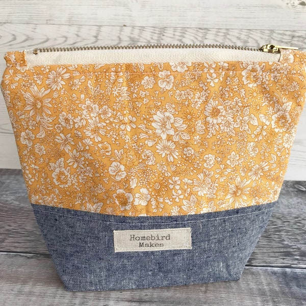 Liberty mustard bag, Make up bag, Cosmetic bag, Project bag, Hobby bag, Liberty of London, Zipper bag, Gifts for her, Knitting project bag