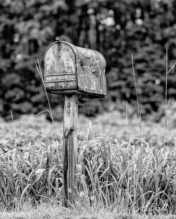 Old Rusty Dented Mailbox Photo Wall Art Decor Country Mailbox, Beatup Damaged Mailbox Post Office Mailman Mail Delivery Black and White
