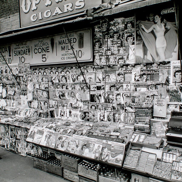 New York City Photograph Print Wall Art Decor Restored Black White B W NYC Newstand Street Photography Photo Photograph