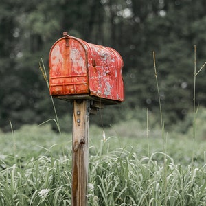 Old Rusty Dented Mailbox Photo Print Wall Art / Decor Country Mailbox, Beatup Damaged Mailbox / Post Office / Mailman Mail Delivery image 1