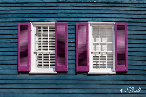 Purple Shutter Window Photo Print Photograph Wall Decor Art / Old Blue Colonial Wood House Peeling Paint Shuttered