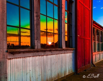 Rainbow Sunset Window Reflection Photo Print Art, Red Orange Green Blue Fire / Sunset Reflection in Glass Window Nautical Building