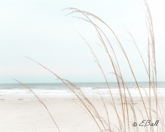 Beach Ocean Shore Sand White Waves Light Wispy Grass Photo Print Wall Art / Beach House Decor Blue Tan Brown Turquoise