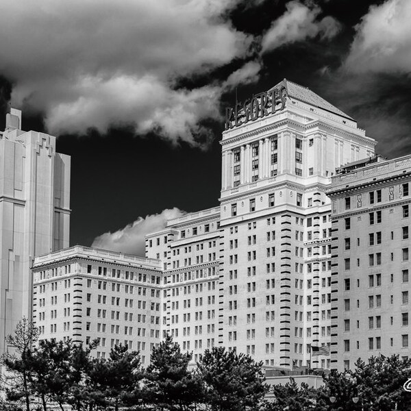 Resorts Hotel Casino Atlantic City Photo Print Art , Boardwalk Beach Jersey Shore Artwork Black and White B W