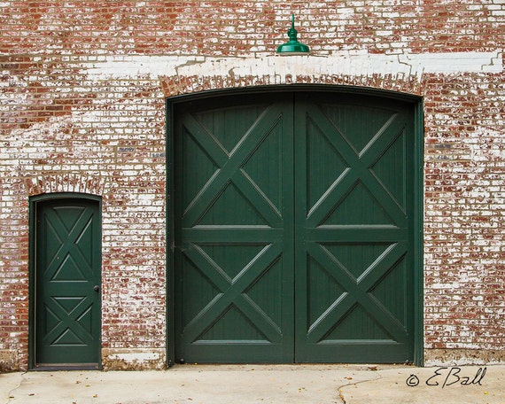 Green Door Photograph Print Wall Decor  White Wash Aged Brick Building Doors