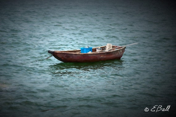 Small Fishing Boat Light Waves Ocean Photo Digital Art, Primitive Skiff / Canoe / Sea / Lake Nautical Wall Art Seascape