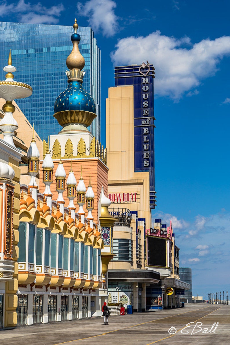 Atlantic City Boardwalk Photo Wall Art Print / AC House of Blues , Showboat Casino , Trump Taj Mahal , Women with Red Scarf Beach image 1