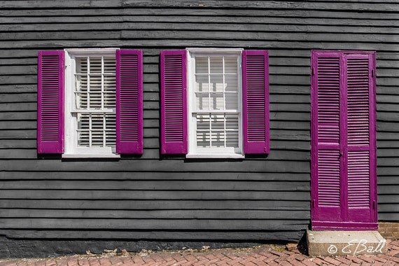 Purple Window Shutter Photo Art Print Wall Decor Architecture Grey Clapboard Peeling Paint 19th Century Home