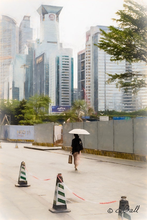 Lady with Umbrella Photography Print Wall Art Women Walking Alone Photo Shenzhen China City Protection Rain