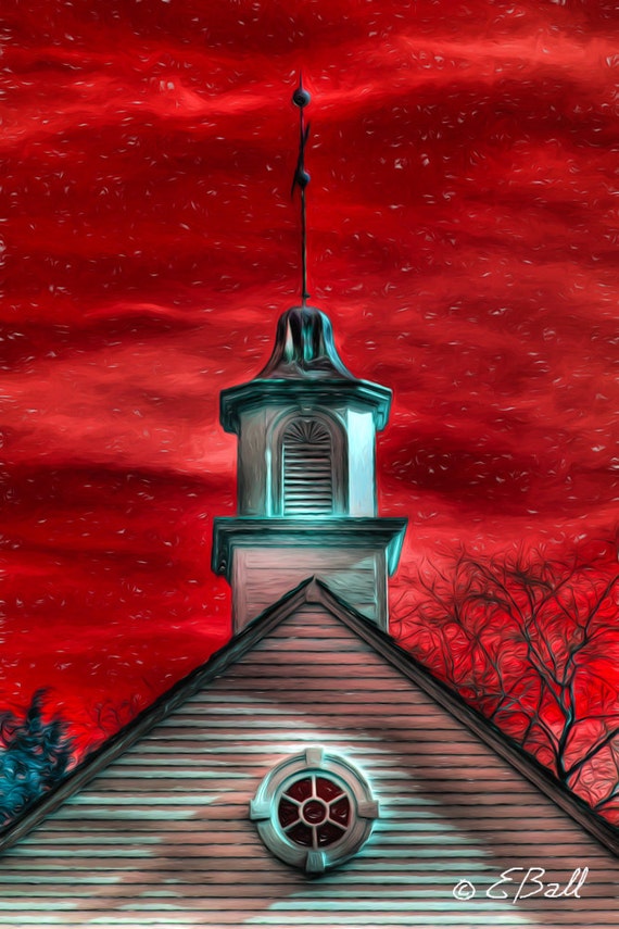 Surreal Church Steeple Photo Print Wall Art  Decor/ Print / Photograph , Scarlett , Blood Sky , Fire Sky