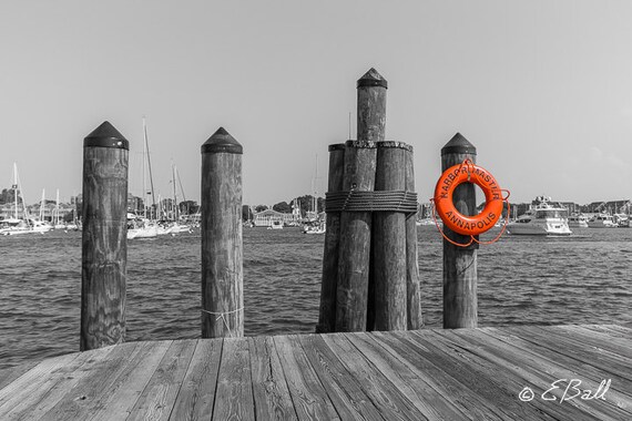 Annapolis Maryland Waterfront Pier Dockside Wall Art Photo Print Boating, Dock, Life Preserver Navel Academy / Black and White
