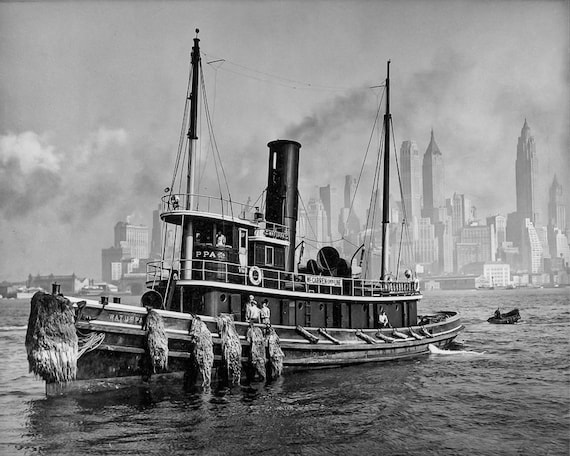 New York City Photo Photograph Print Wall Art Decor Restored Black White B W NYC Tugboat Boat Ship