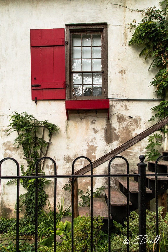 Red Window Shutter Photo Print Art Wall Decor, Euro French Architecture , Peeling Paint Stairway French France Country Cottage