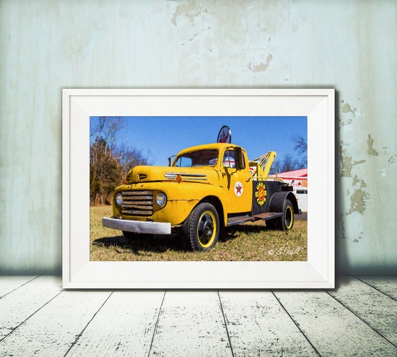 Classic Ford Texaco Tow Truck Oil Paint Art Photo Print , Americana Vintage Old Yellow Black Auto Wrecker Tows Chevy Car