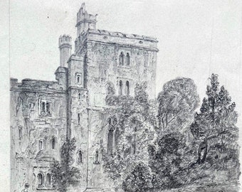 Étude originale de croquis au crayon ancien du XIXe siècle du château de Wressel près de Howden York, paysage du Yorkshire